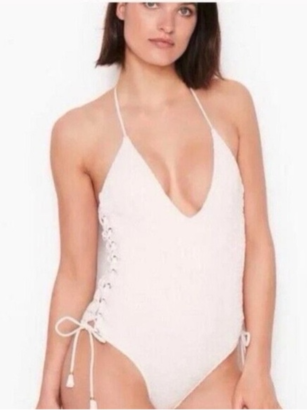 Victoria's Secret White Lace-Up Halter One-Piece Swimsuit